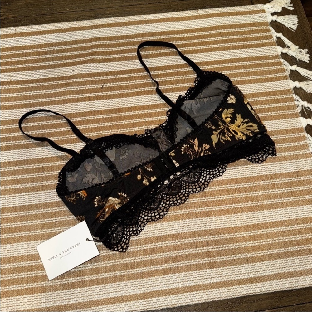 Spell & The Gypsy NEW Rosa Spanish Detail Floral Lace Bralette Black Coal Size L - Picture 5 of 7